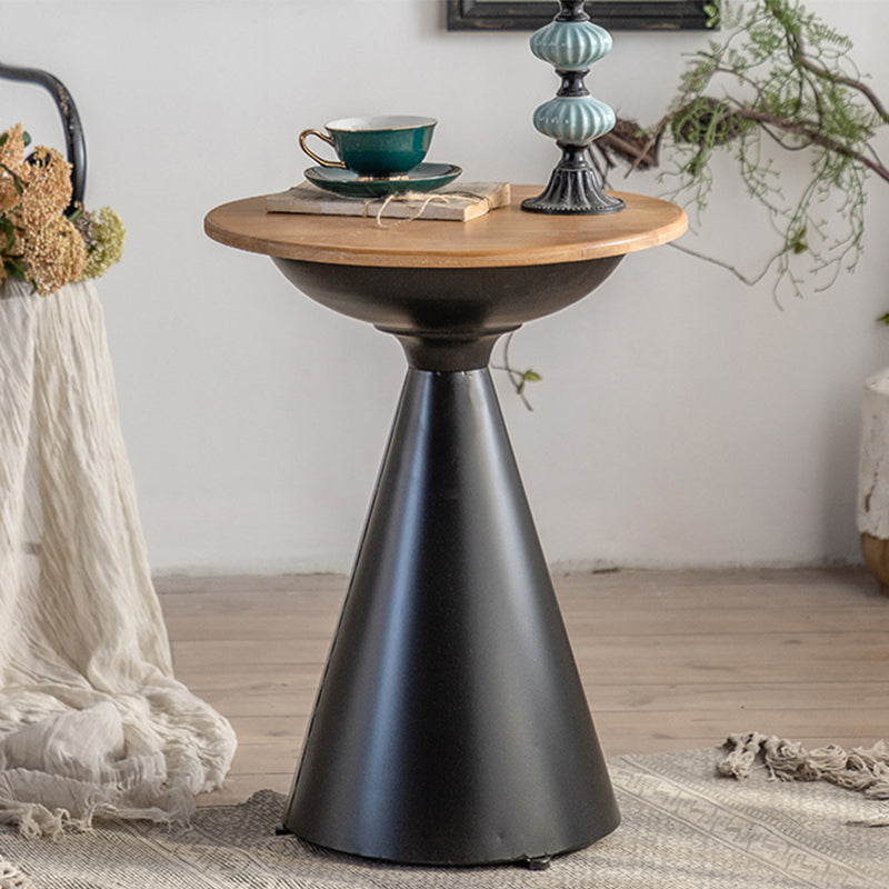 Round Solid Wood Top Coffee Table Iron Pedestal Cocktail Table