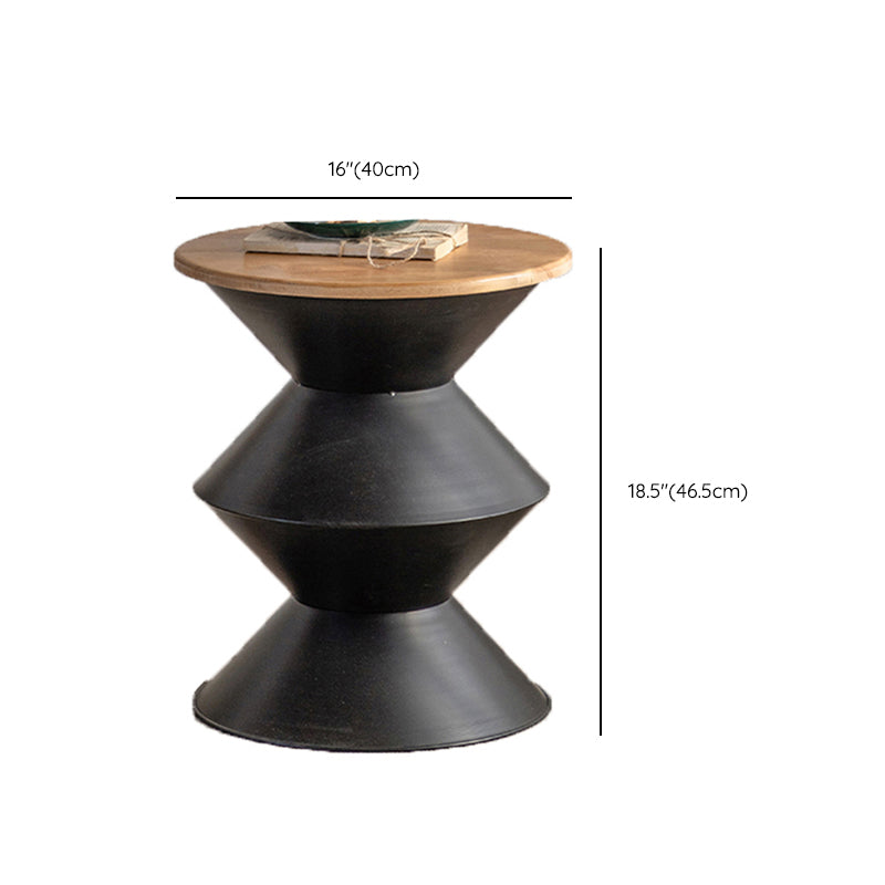 Round Solid Wood Top Coffee Table Iron Pedestal Cocktail Table
