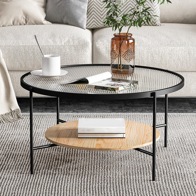Contemporary 4 Legs Glass Top with Storage Shelf Round Single Coffee Table
