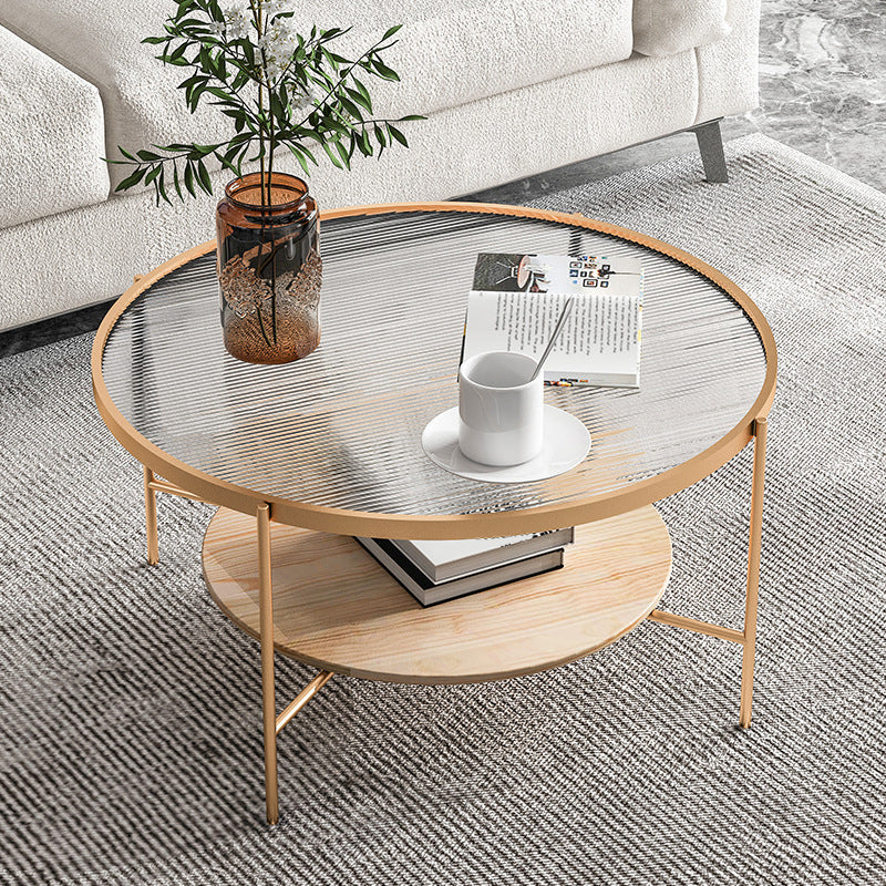 Contemporary 4 Legs Glass Top with Storage Shelf Round Single Coffee Table