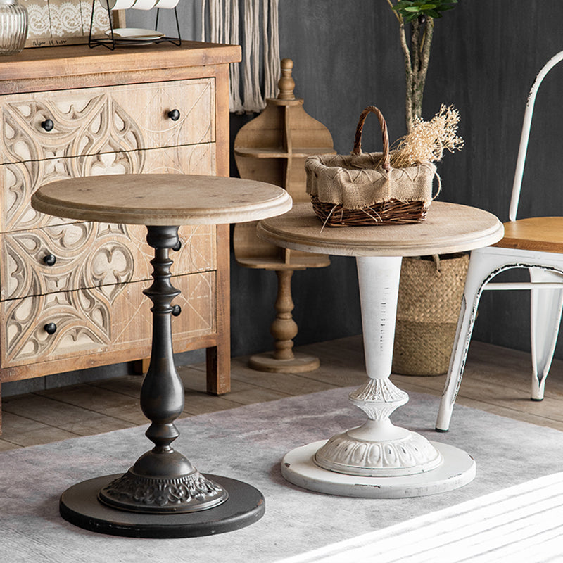 French Country Round Solid Wood Top Coffee Table Iron Pedestal Cocktail Table