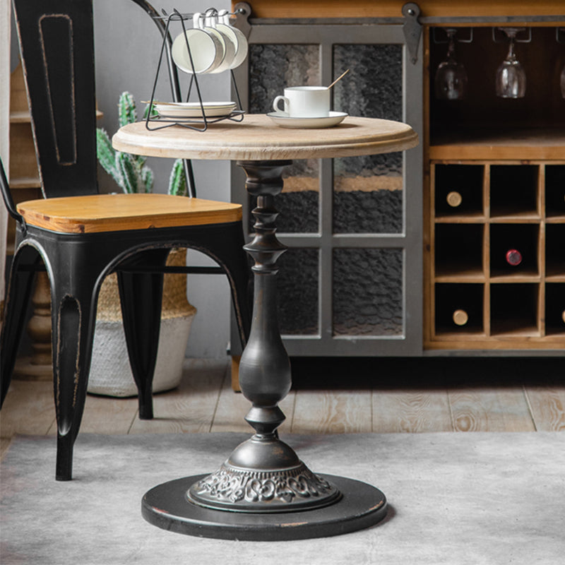 French Country Round Solid Wood Top Coffee Table Iron Pedestal Cocktail Table