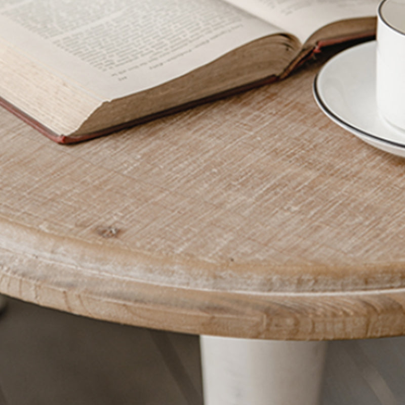 French Country Round Solid Wood Top Coffee Table Iron Pedestal Cocktail Table