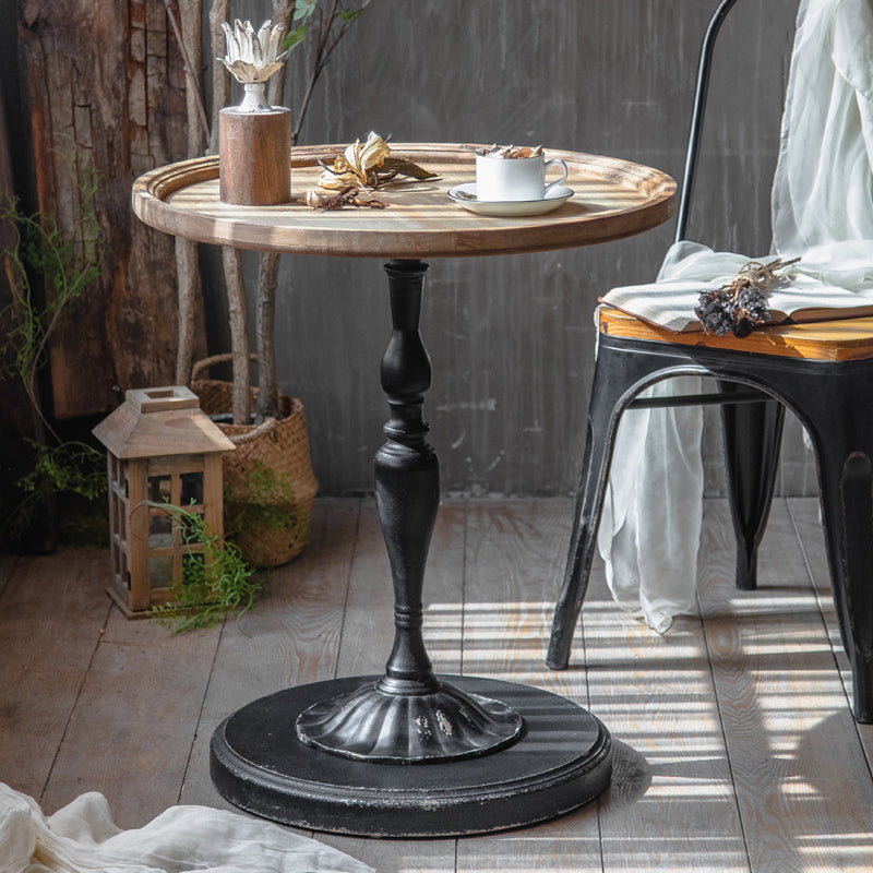 Round Wood Top Coffee Table Iron Pedestal Cocktail Table - Distressed Surface Treatment