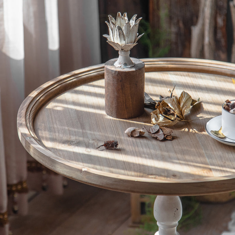 Round Wood Top Coffee Table Iron Pedestal Cocktail Table - Distressed Surface Treatment