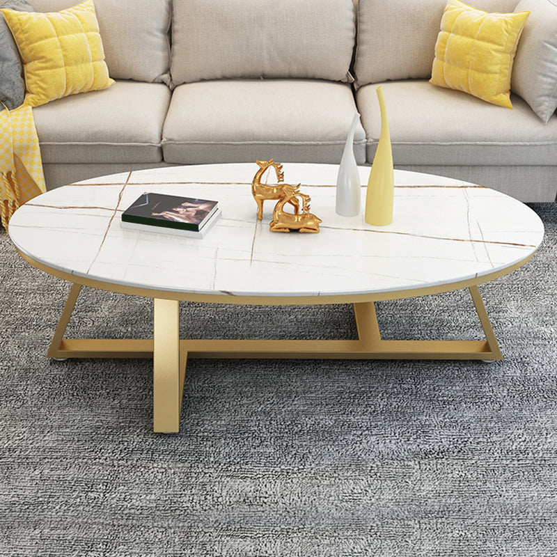 Glam Oval Slate Coffee Table 17.7"H Iron Cross Legs Cocktail Table