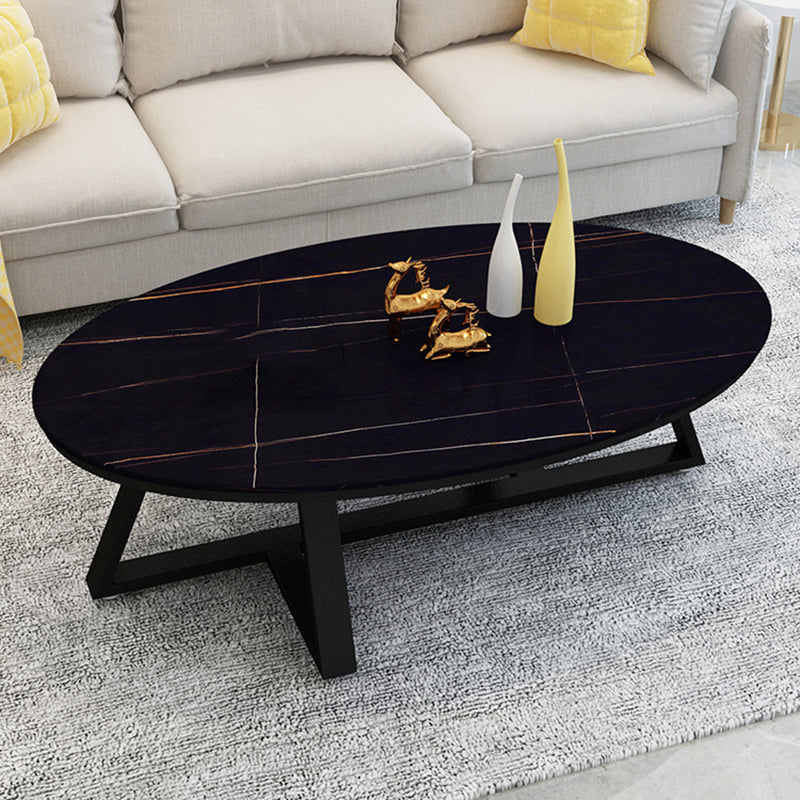 Glam Oval Slate Coffee Table 17.7"H Iron Cross Legs Cocktail Table