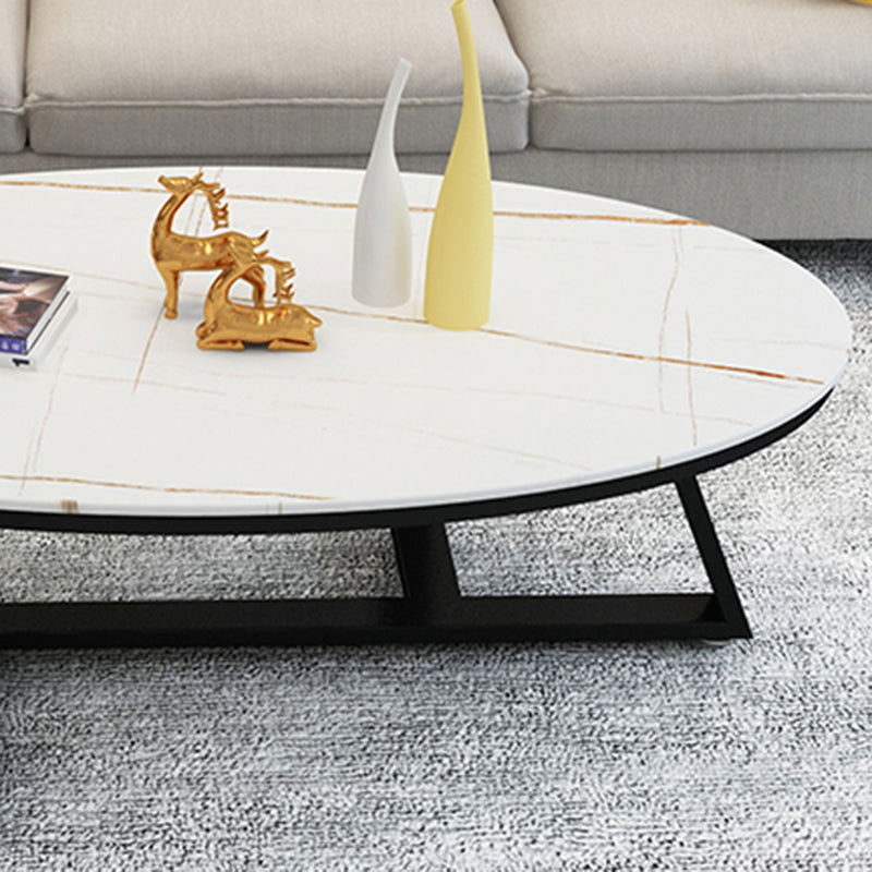Glam Oval Slate Coffee Table 17.7"H Iron Cross Legs Cocktail Table
