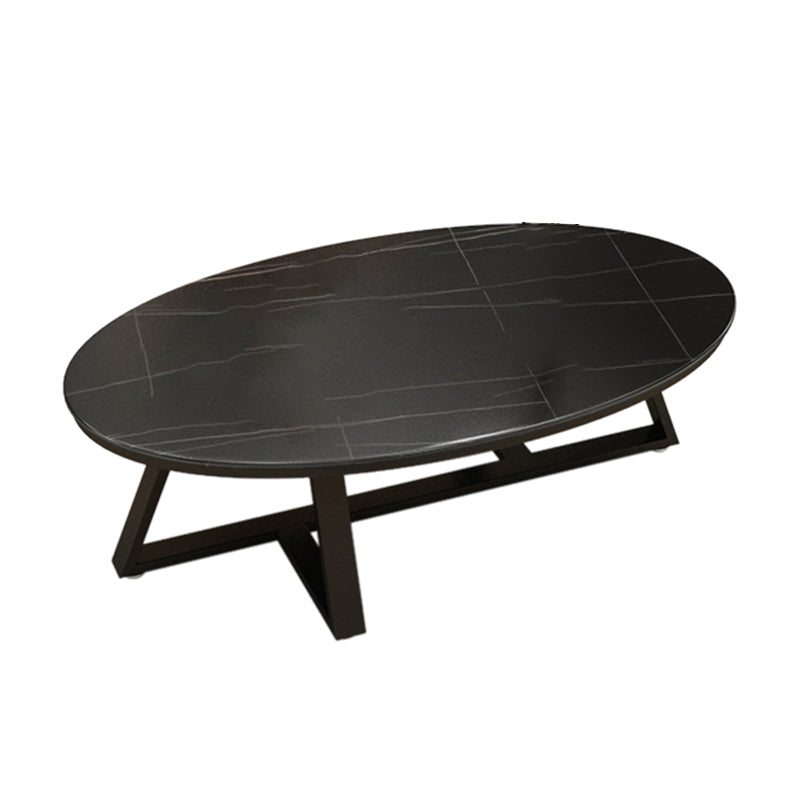 Glam Oval Slate Coffee Table 17.7"H Iron Cross Legs Cocktail Table