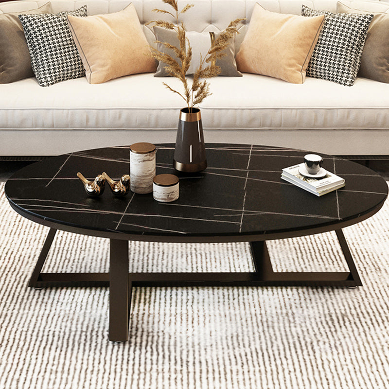 Glam Oval Slate Coffee Table 17.7"H Iron Cross Legs Cocktail Table