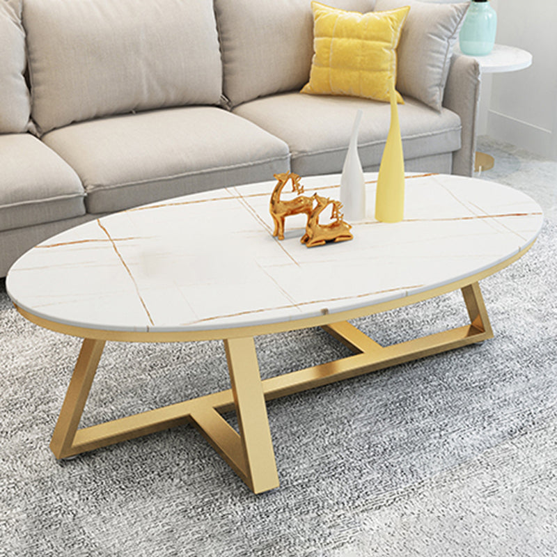 Glam Oval Slate Coffee Table 17.7"H Iron Cross Legs Cocktail Table