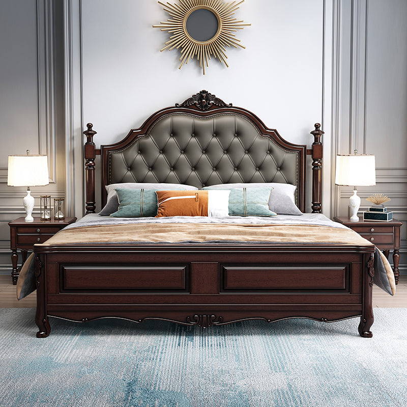 Rubberwood Traditional Panel Bed 62.59" High Brown Bed with Upholstered Headboard