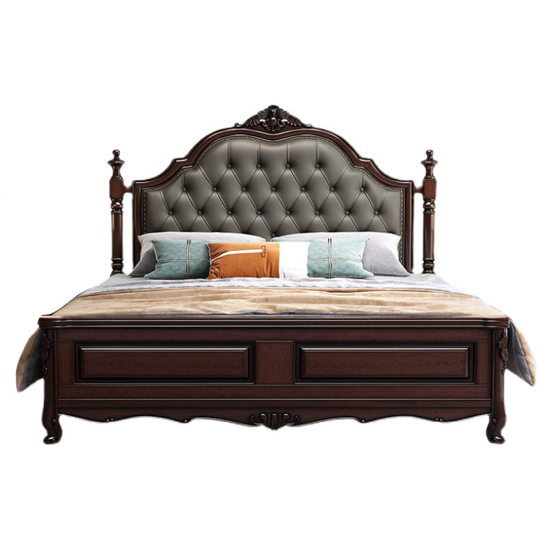Rubberwood Traditional Panel Bed 62.59" High Brown Bed with Upholstered Headboard