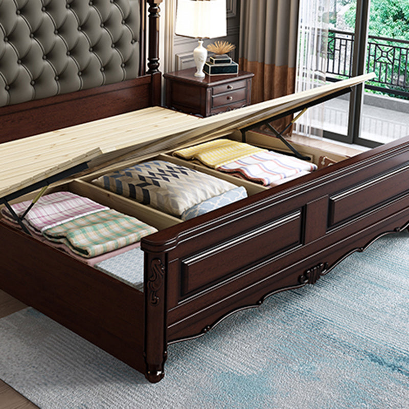 Rubberwood Traditional Panel Bed 62.59" High Brown Bed with Upholstered Headboard