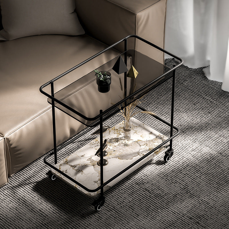 Glass Top End Table with Casters Modern 25.6"w 1-Shelf Side Table