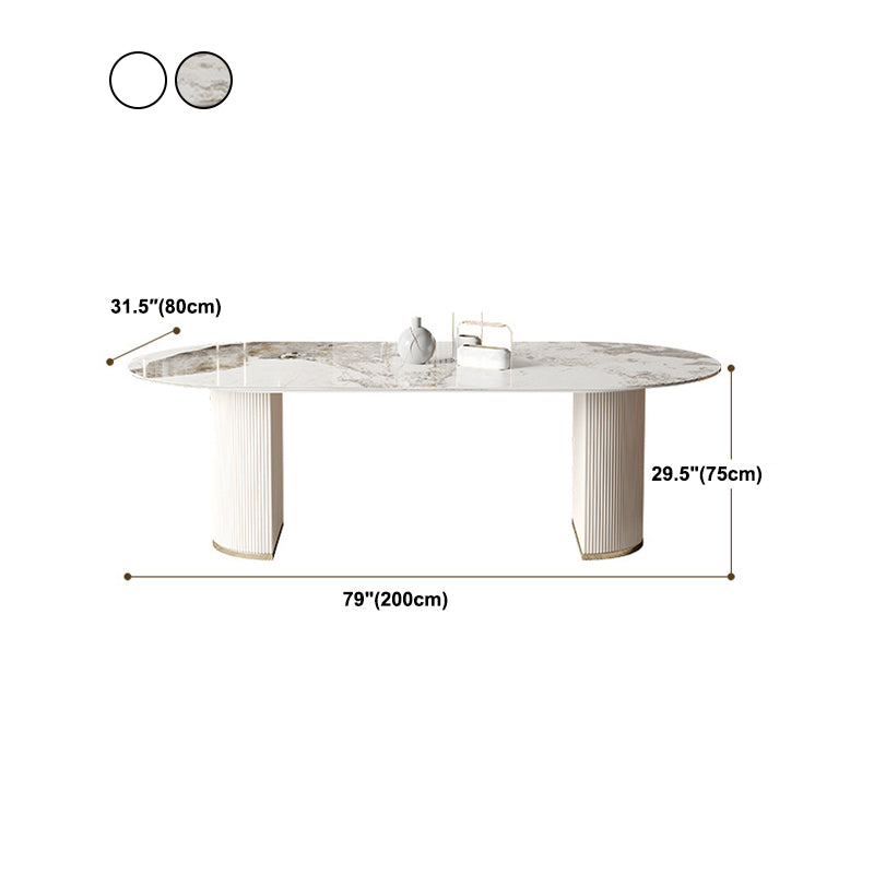 Oval Shape Fixed Kitchen Table Luxury Sintered Stone Double Pedestal Table