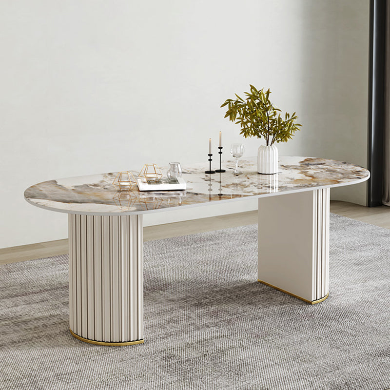 Luxury Sintered Stone Dining Desk Oval Shape Double Base Kitchen Table
