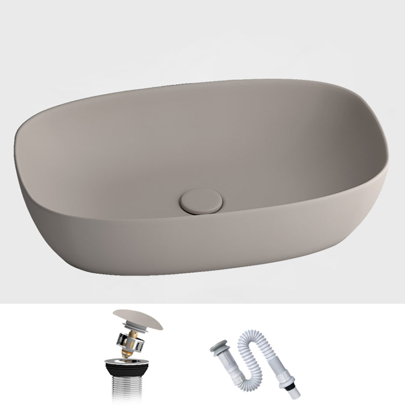 Modern Bathroom Sink Pop-Up Drain Porcelain Solid Color Oval-Shape Vessel