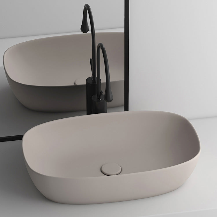 Modern Bathroom Sink Pop-Up Drain Porcelain Solid Color Oval-Shape Vessel