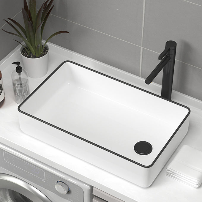 Contemporary Bathroom Sink Pop-Up Drain Porcelain Rectangular Vessel Sink