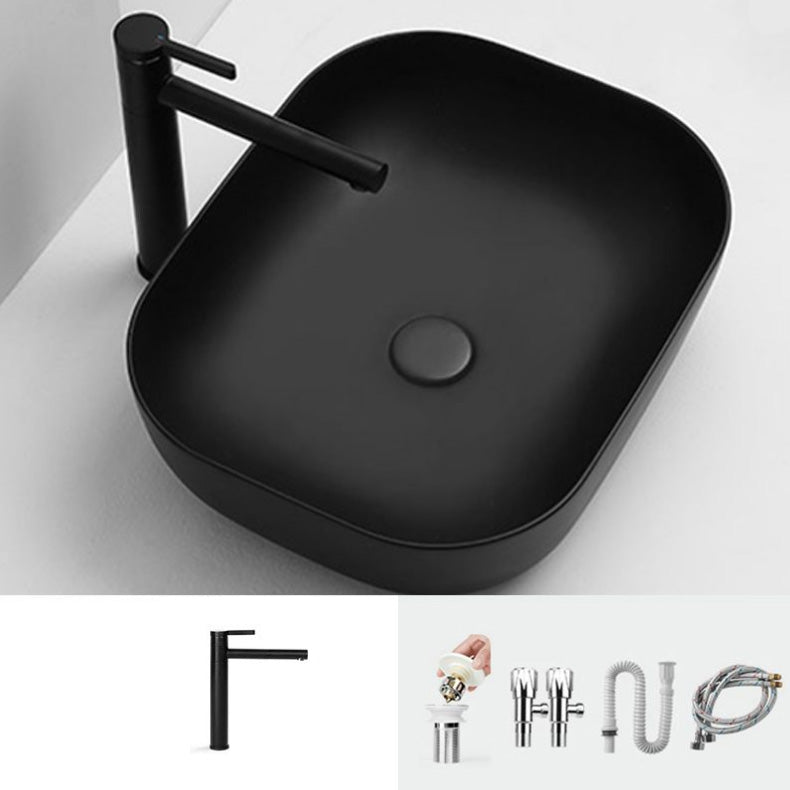 Contemporary Bathroom Sink Pop-Up Drain Porcelain Solid Color Rectangular Vessel Sink