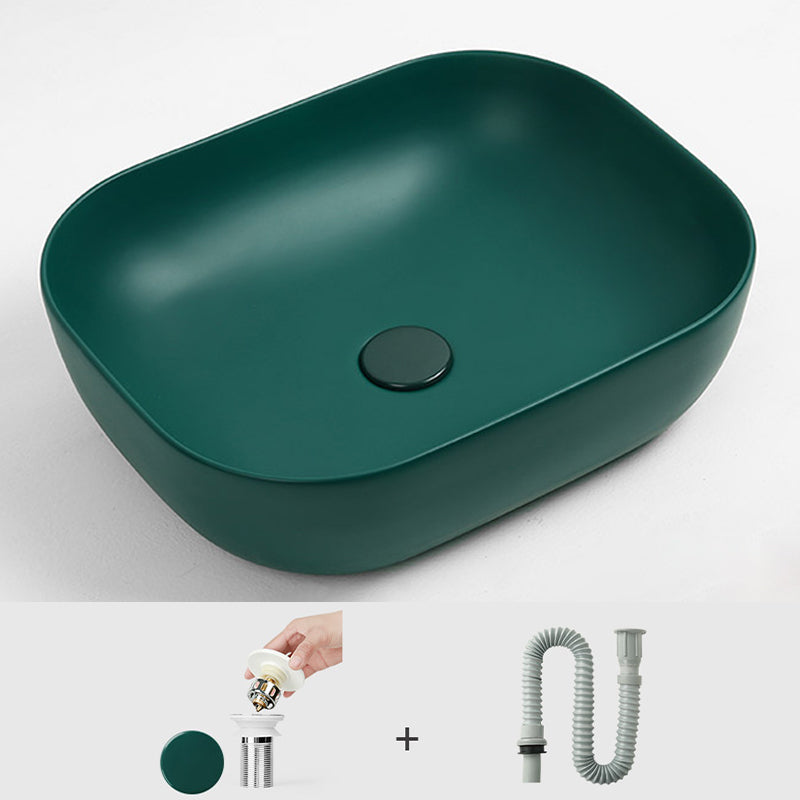 Contemporary Bathroom Sink Pop-Up Drain Porcelain Solid Color Rectangular Vessel Sink