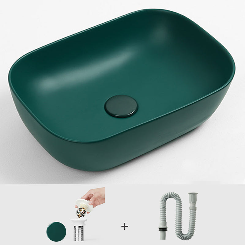 Contemporary Bathroom Sink Pop-Up Drain Porcelain Solid Color Rectangular Vessel Sink