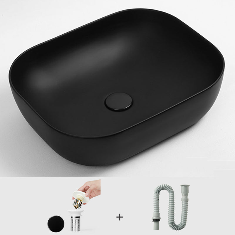 Contemporary Bathroom Sink Pop-Up Drain Porcelain Solid Color Rectangular Vessel Sink