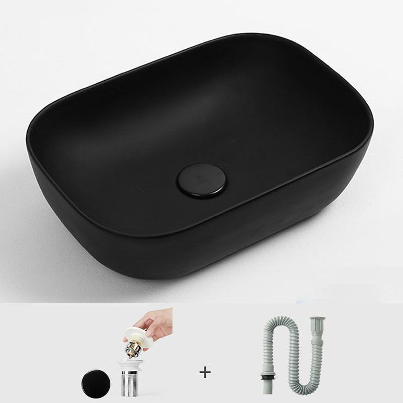 Contemporary Bathroom Sink Pop-Up Drain Porcelain Solid Color Rectangular Vessel Sink