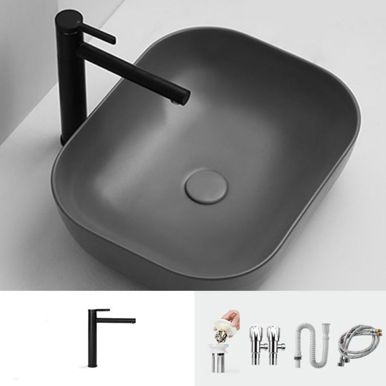 Contemporary Bathroom Sink Pop-Up Drain Porcelain Solid Color Rectangular Vessel Sink