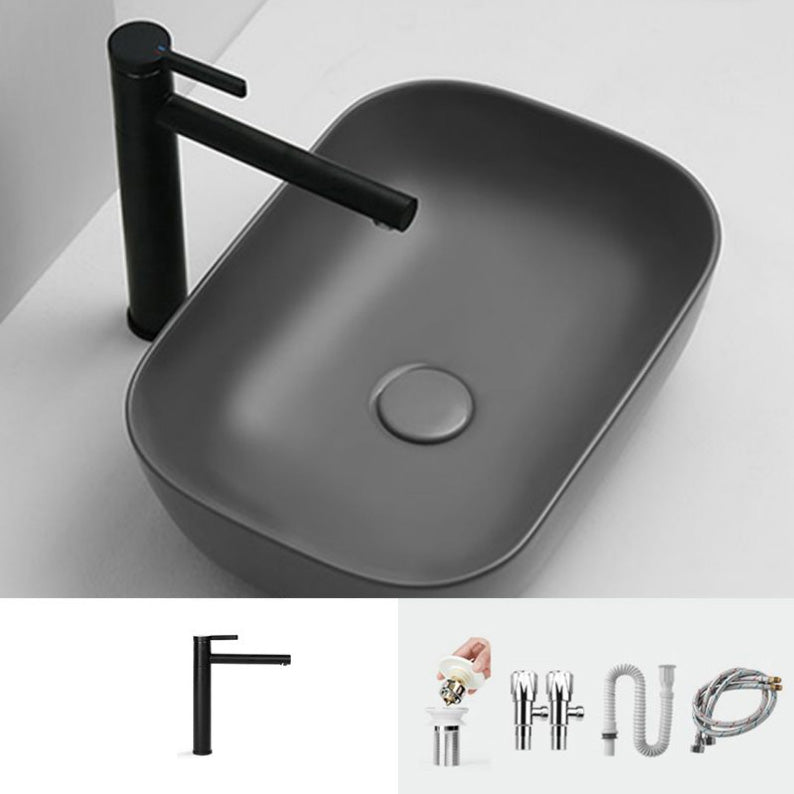 Contemporary Bathroom Sink Pop-Up Drain Porcelain Solid Color Rectangular Vessel Sink