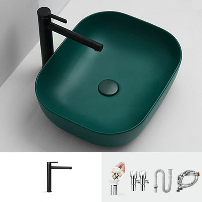 Contemporary Bathroom Sink Pop-Up Drain Porcelain Solid Color Rectangular Vessel Sink