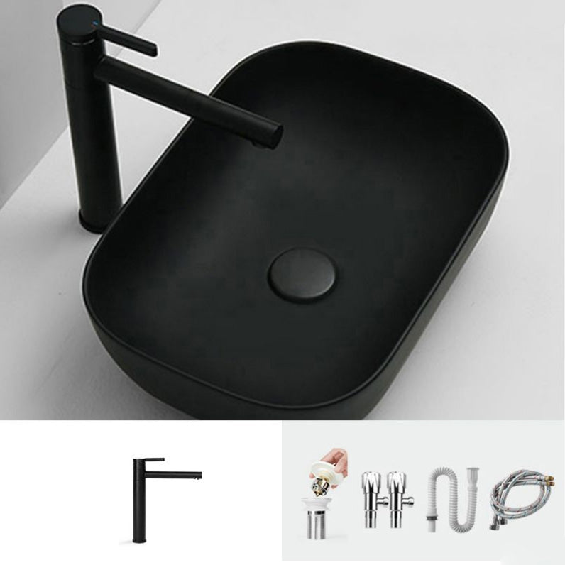 Contemporary Bathroom Sink Pop-Up Drain Porcelain Solid Color Rectangular Vessel Sink