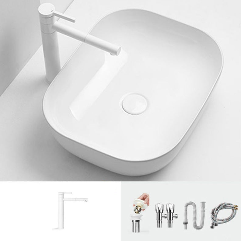 Contemporary Bathroom Sink Pop-Up Drain Porcelain Solid Color Rectangular Vessel Sink