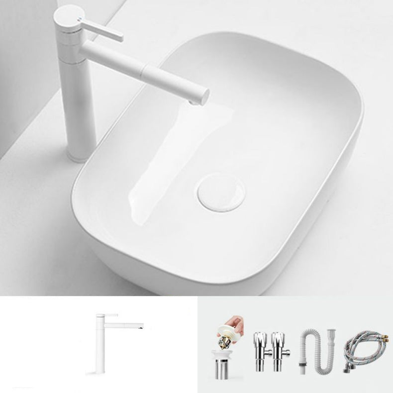 Contemporary Bathroom Sink Pop-Up Drain Porcelain Solid Color Rectangular Vessel Sink