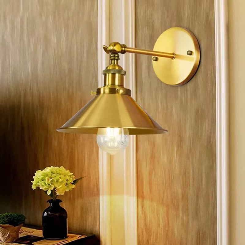 Industrial Style Cone Wall Sconce Metal 1 Light Sconces in Gold for Living Room