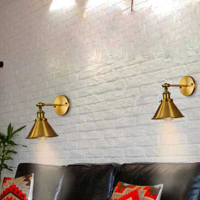 Industrial Style Cone Wall Sconce Metal 1 Light Sconces in Gold for Living Room