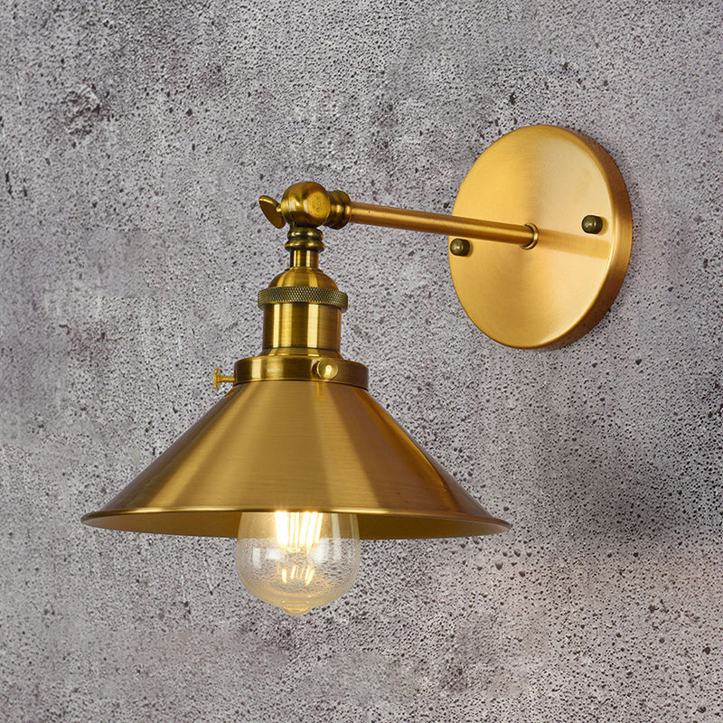Industrial Style Cone Wall Sconce Metal 1 Light Sconces in Gold for Living Room