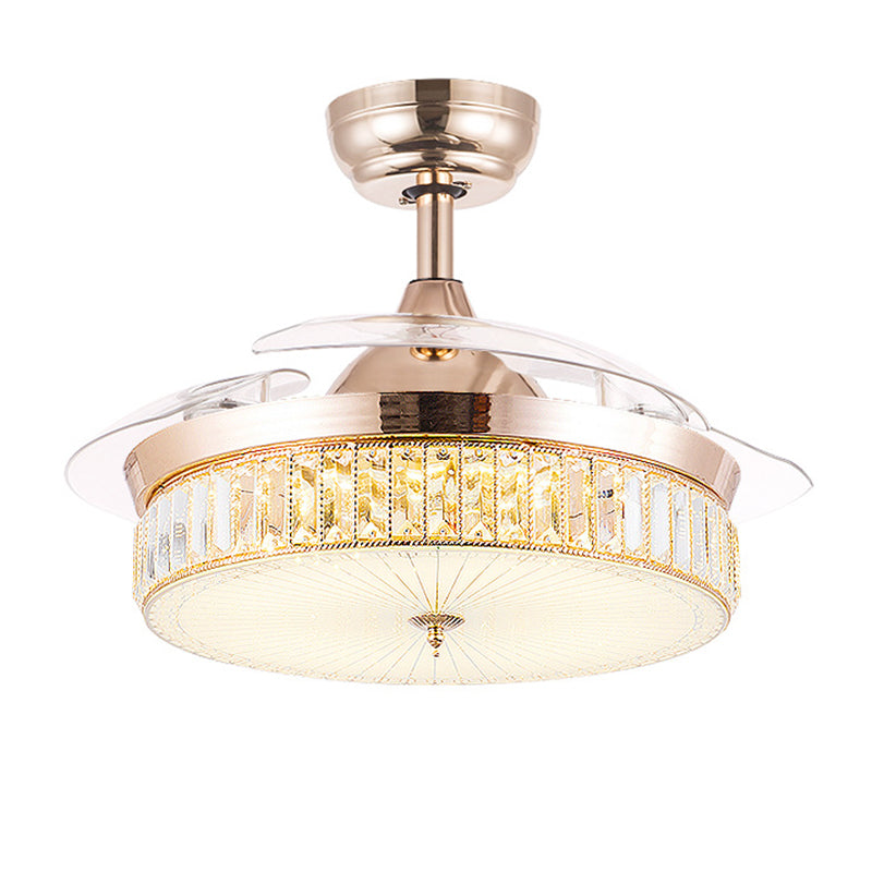 Chrome / Gold LED Crystal Ceiling Fan Fixture Minimalist Drum Fna Lighting Ceiling