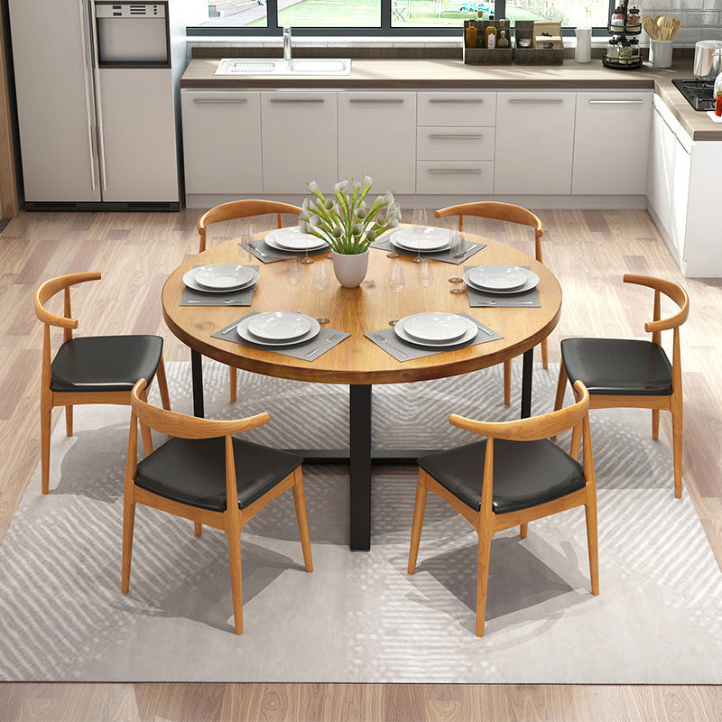 1/7 Pieces Modern Dining Set Solid Wood Round Table with Leather Chairs