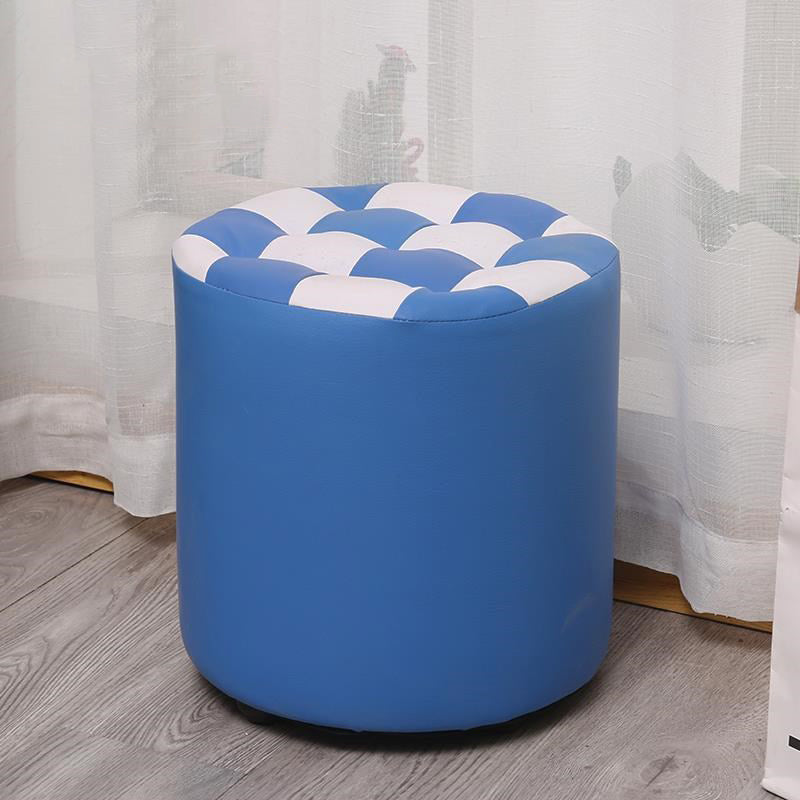 Contemporary Pouf Ottoman Faux Leather Upholstered Tufted Square Pattern Round Ottoman