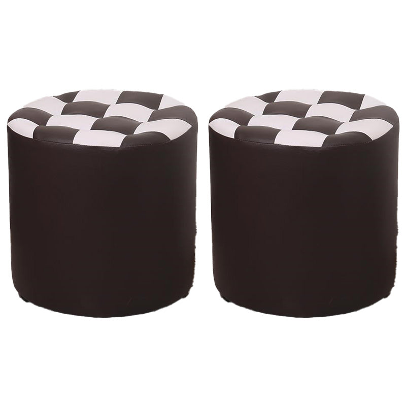 Contemporary Pouf Ottoman Faux Leather Upholstered Tufted Square Pattern Round Ottoman