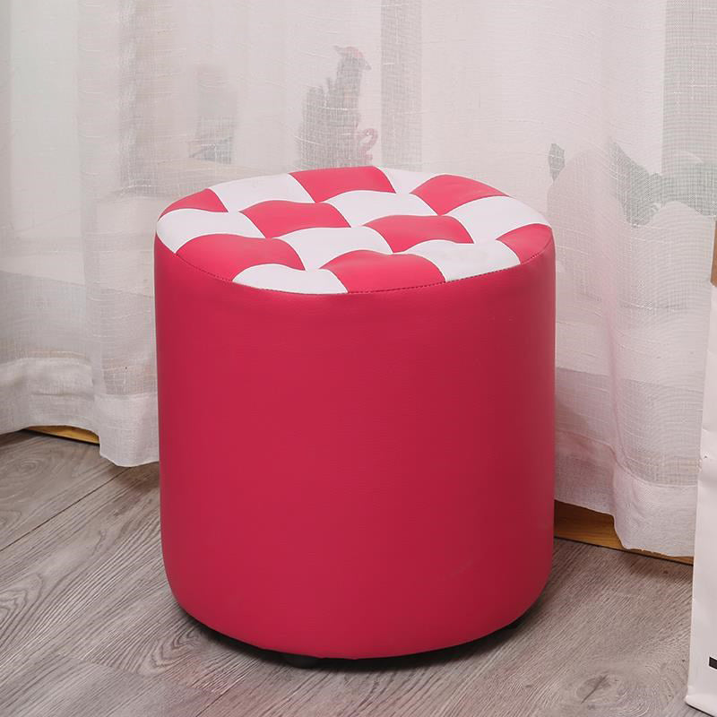 Contemporary Pouf Ottoman Faux Leather Upholstered Tufted Square Pattern Round Ottoman
