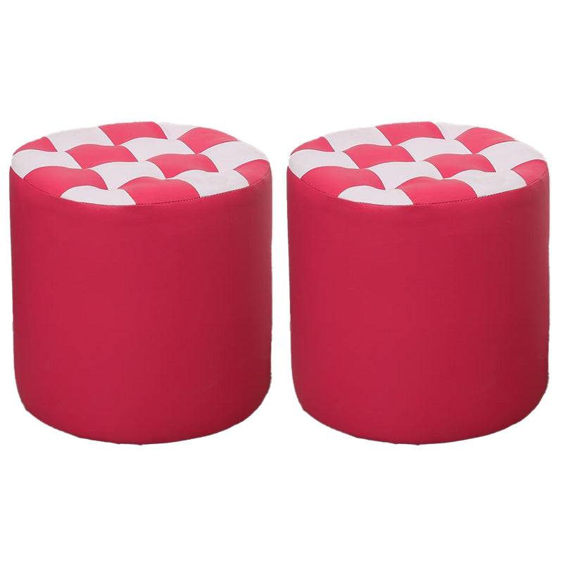 Contemporary Pouf Ottoman Faux Leather Upholstered Tufted Square Pattern Round Ottoman