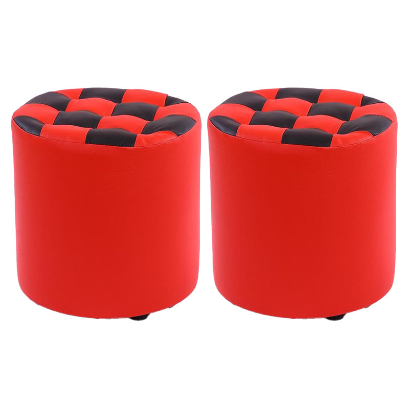 Contemporary Pouf Ottoman Faux Leather Upholstered Tufted Square Pattern Round Ottoman