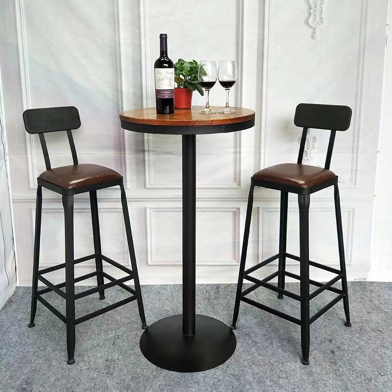 Industrial Brown Counter Stool Leather Square Stool with Black Metal Frame