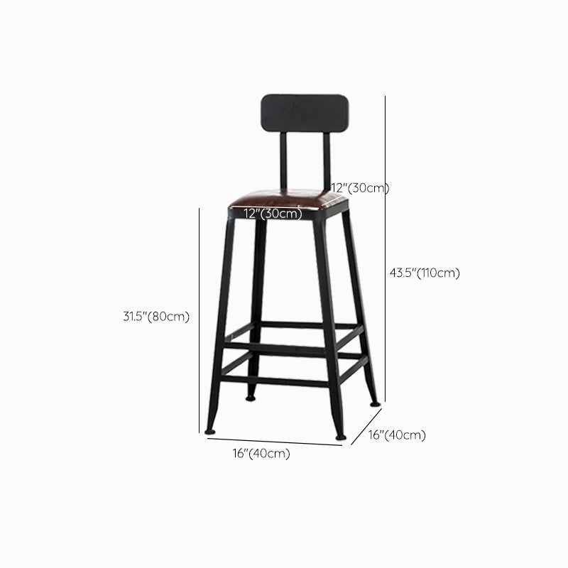 Industrial Brown Counter Stool Leather Square Stool with Black Metal Frame