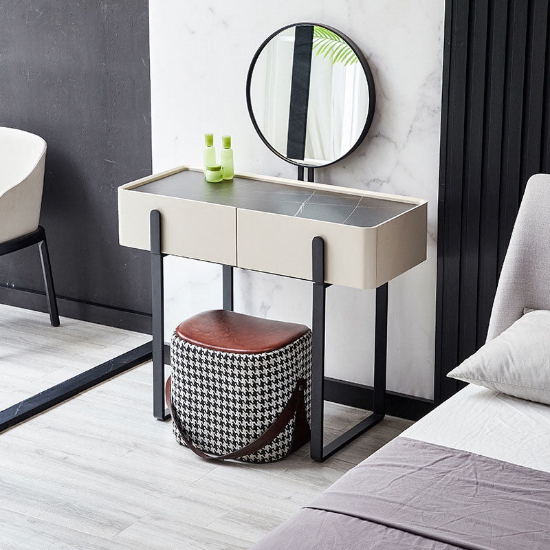 Contemporary Stone Top Vanity Desk 2-Drawer Dressing Table in White