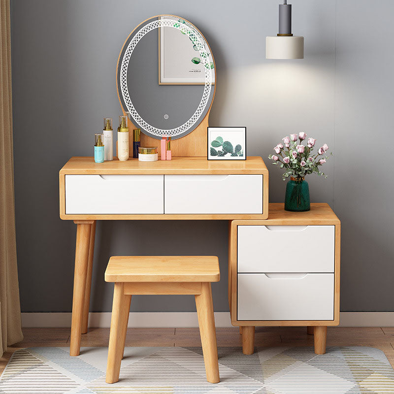 31. 5" L Wooden Vanity Table with Mirror & Stool 4 Drawers Makeup Vanity Table Set