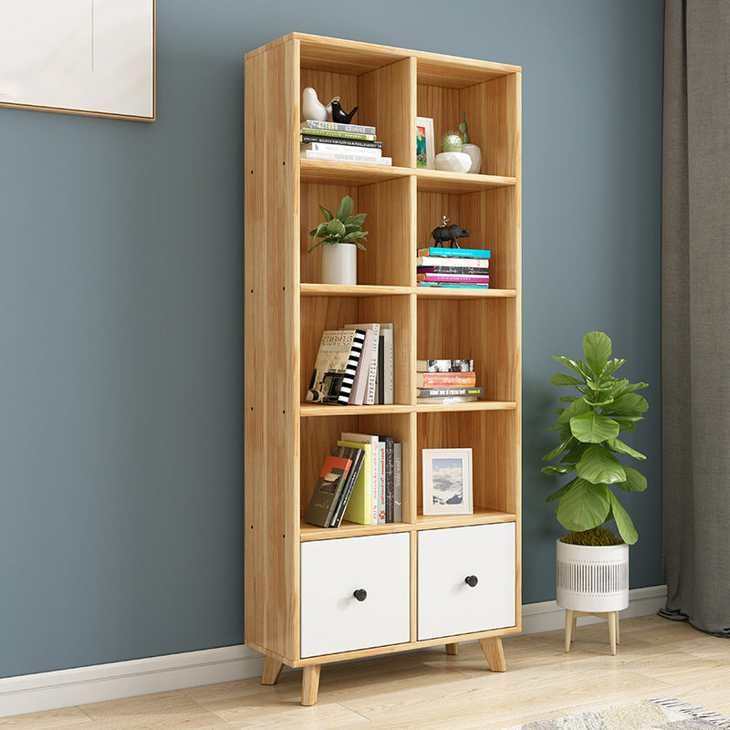Contemporary Natural Accent Chest with 2 Drawers and Shelves in Pine Wood